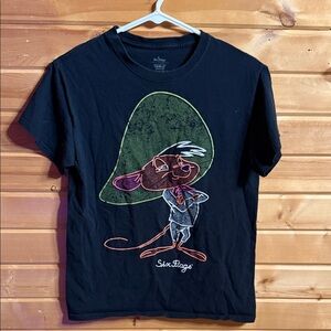 Six Flags Women’s Black Short Sleeve Graphic Tee — Cartoon Mouse Print